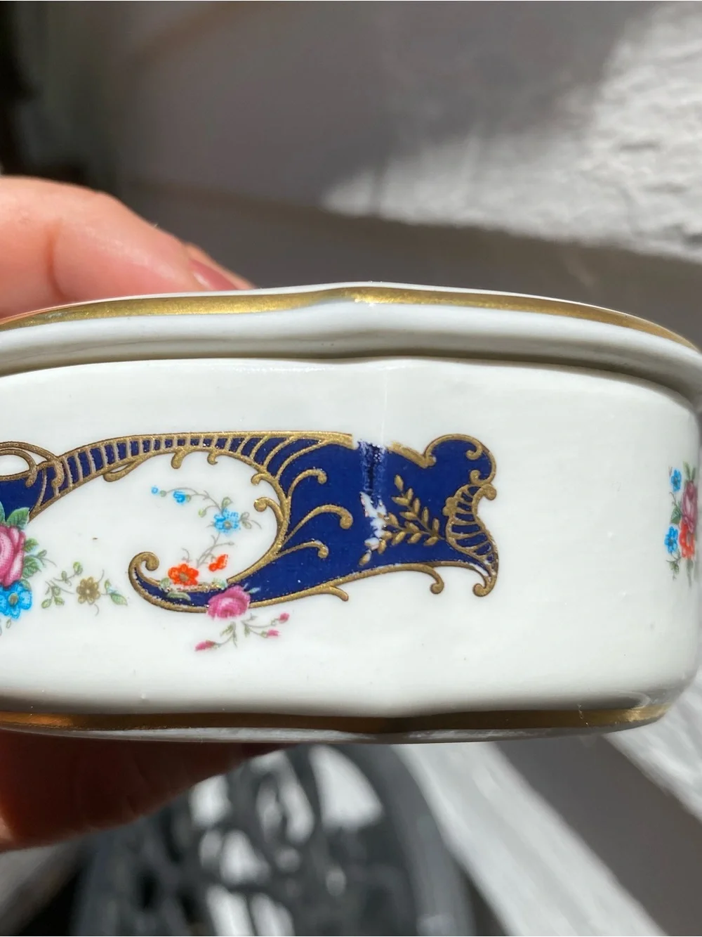 Vintage Portugal Porcelain Trinket Dish Delicate Floral Blue Gold Design
